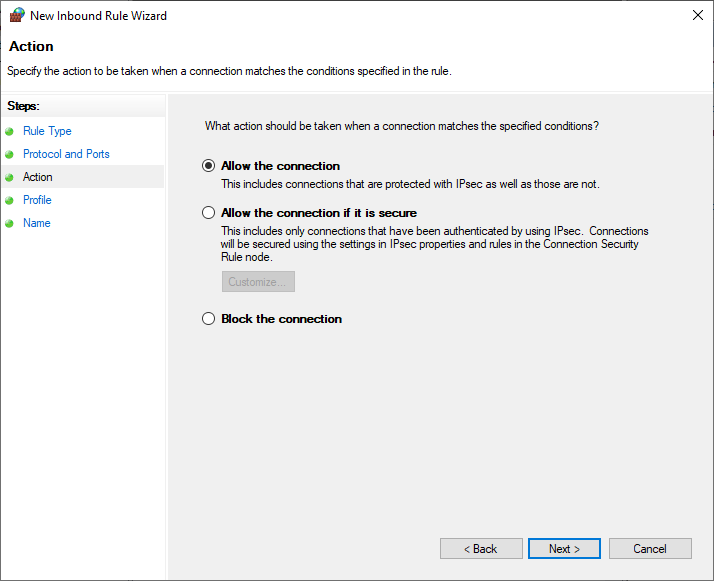 Windows inbound rules allow connection