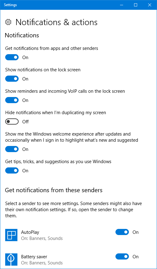 Windows 10 Notification Settings