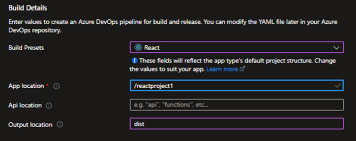 The Build Details section of the Azure Create Static Web App Basics form.