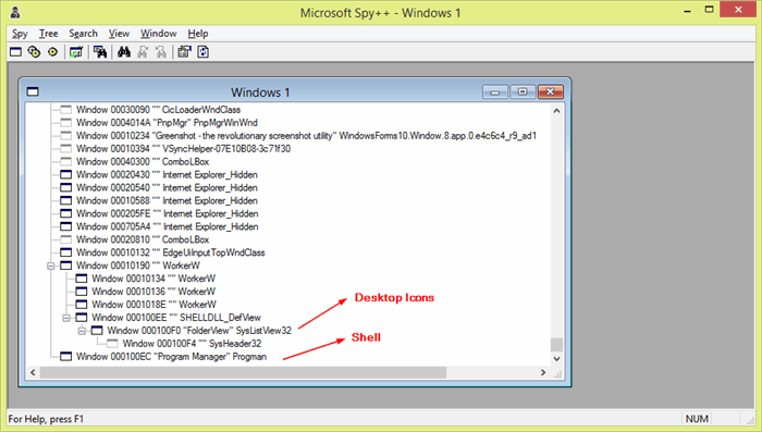 Spy++ showing the bottom section of the window tree