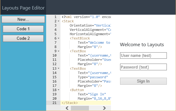 Layouts Sample Application Screenshot