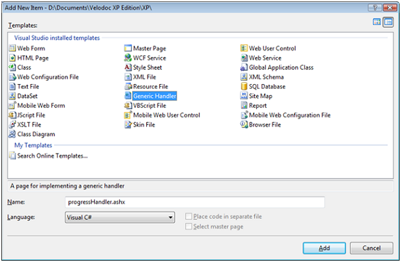 Adding a new generic handler in Visual Studio 2005