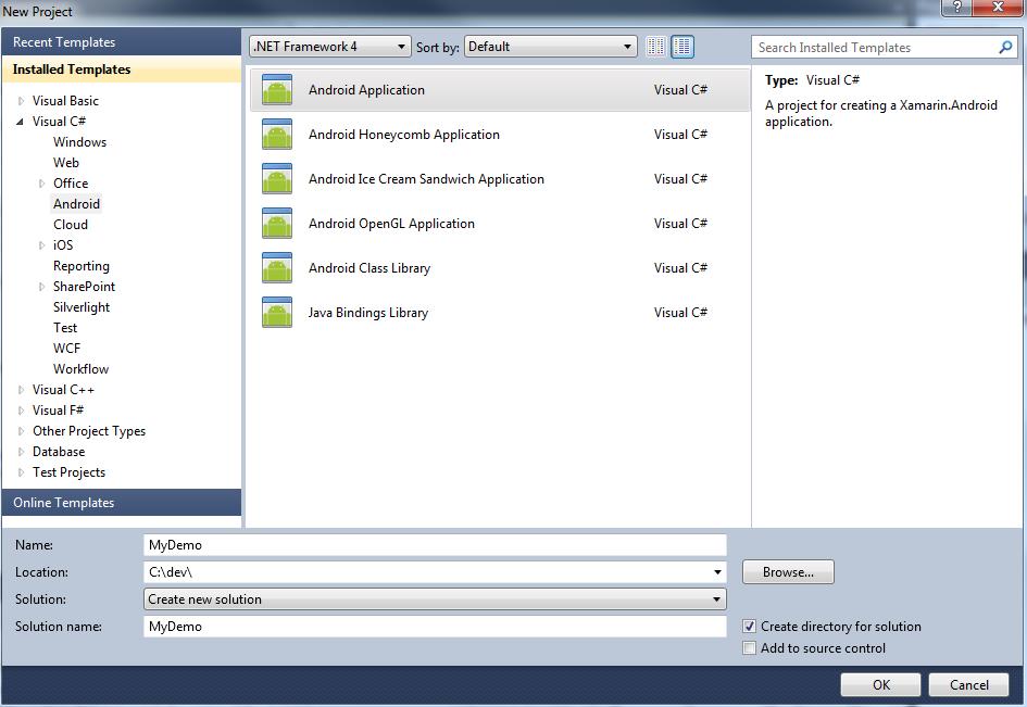 visual studio android template projects
