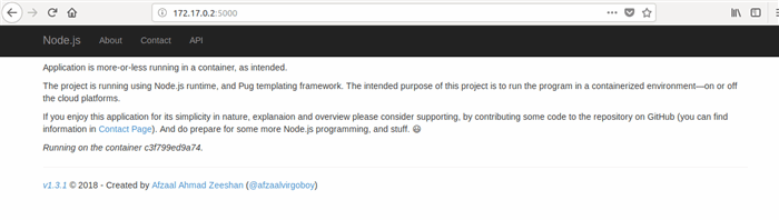 Afzaal Ahmad Zeeshan's Node.js container running via Docker.