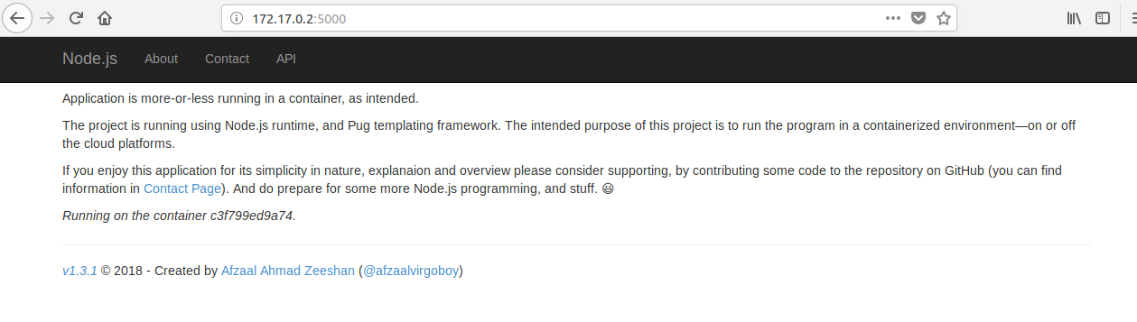 Afzaal Ahmad Zeeshan's Node.js container running via Docker.
