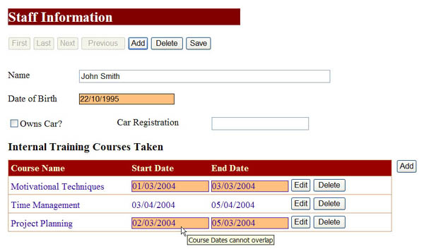 Screen grab showing validation failures after the save button has been pressed