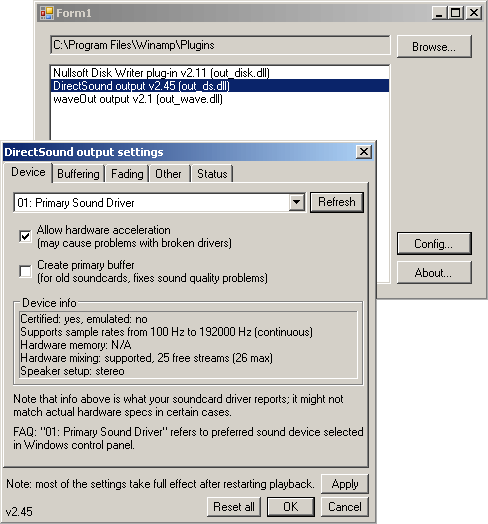 Screen capture of the Direct Sound plugin's config window launched by the plugin host.