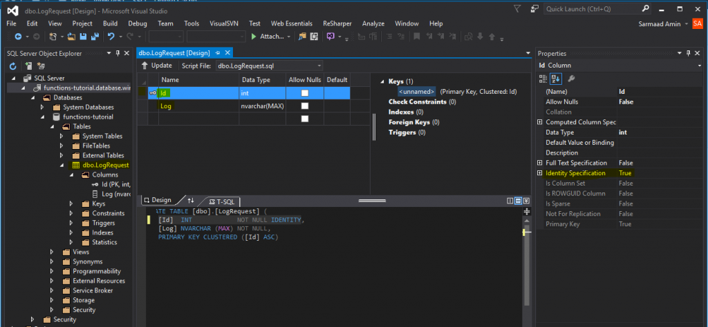 sql database with table