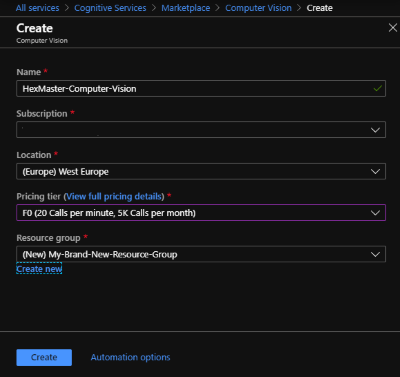 Creating a Computer Vision service in Azure