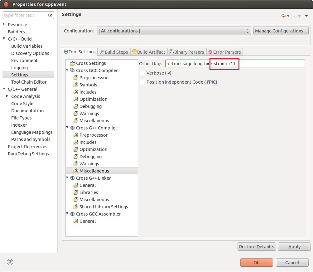 C++11 -std=c++11 Eclipse