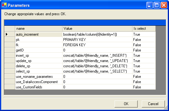 Parameters window