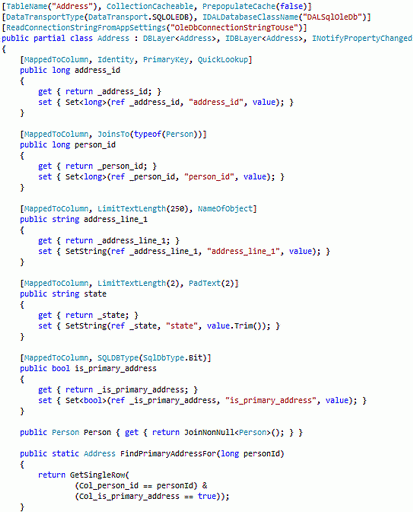 Example DAL-enabled, attribute decorated class