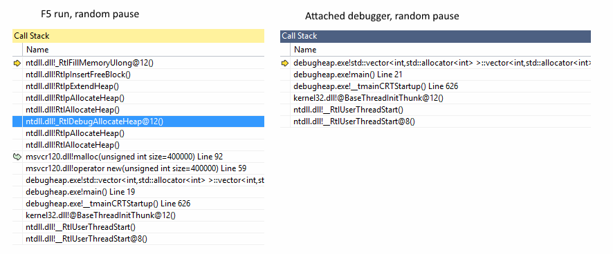 call stacks when running F5 and attaching debugger