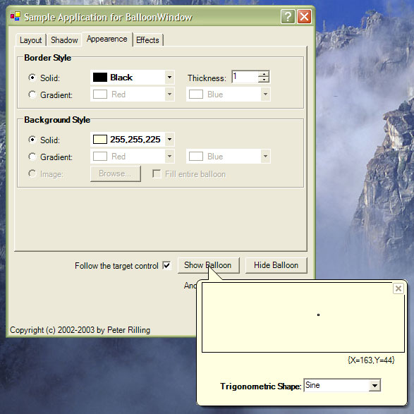 Sample screen demonstrating the BalloonWindow class.