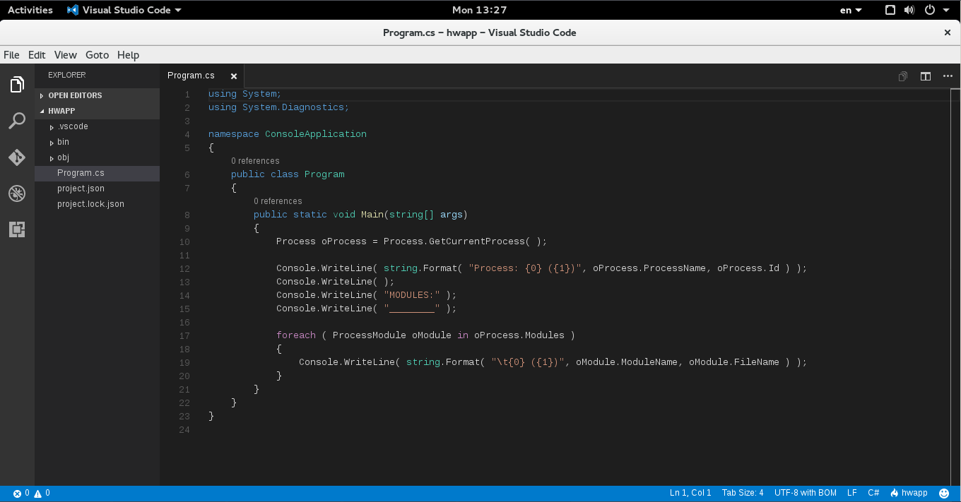 VS Code on Fedora 23/Editing C# code