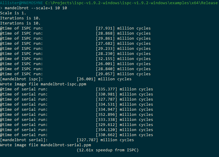 Screenshot of ISPC Mandelbrot program benchmark