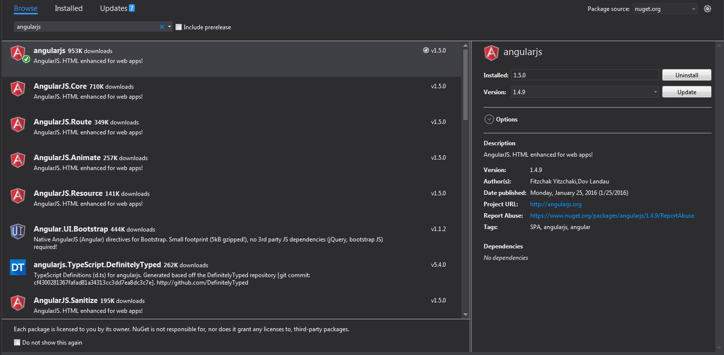 Angular JS NuGet Package Visual Studio