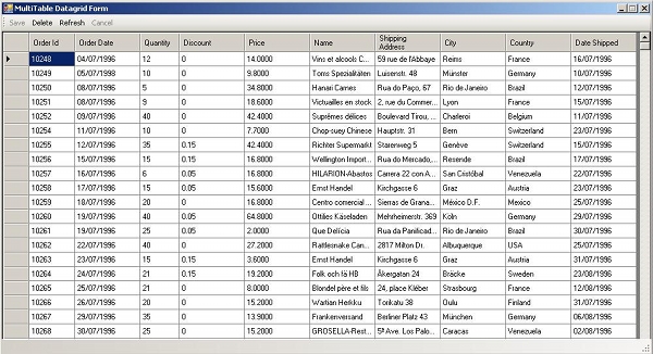 Screenshot of the Multi Table DataGrid Control on a form