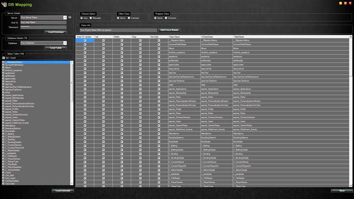 This is DB Mapping page to select your sql servers from local machine or from network, select database, select tables, select various operation for code operations