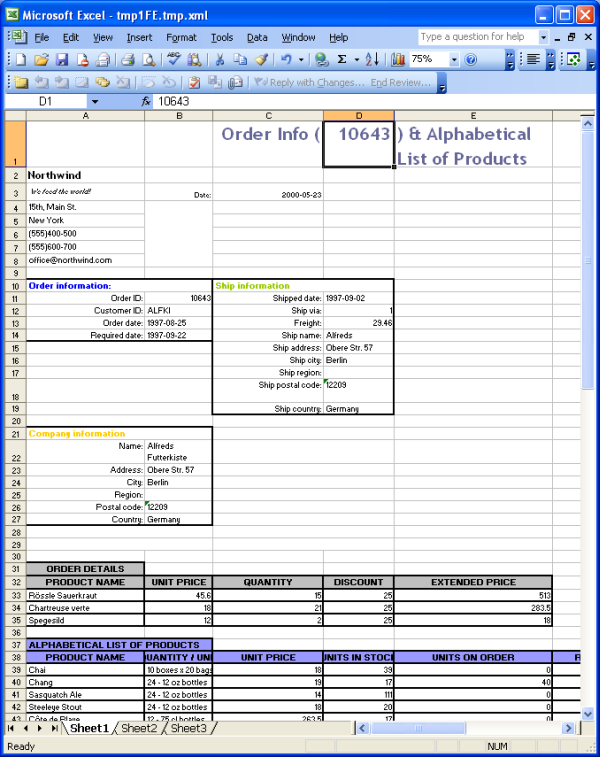 Excel template trasformation result