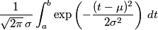 \frac{1}{\sqrt{2\pi}\, \sigma}\int_a^b \exp\left(-\frac{(t-\mu)^2}{2\sigma^2}\right)\, dt