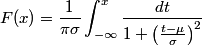 F(x) = \frac{1}{\pi\sigma} \int_{-\infty}^x \frac{dt}{ 1 + \left(\frac{t-\mu}{\sigma} \right)^2 }}