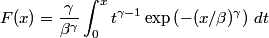 F(x) = \frac{\gamma}{\beta^\gamma} \int_0^x t^{\gamma-1} \exp\left(-(t/\beta)^\gamma \right)\, dt