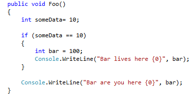 C# Code to check block level scoping