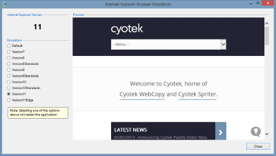 By using Internet Explorer's browser emulation support, we can choose how the WebControl behaves