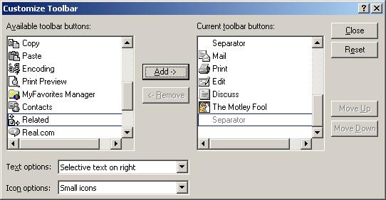 Figure 13. Customize Toolbar - Current Toolbar Buttons.