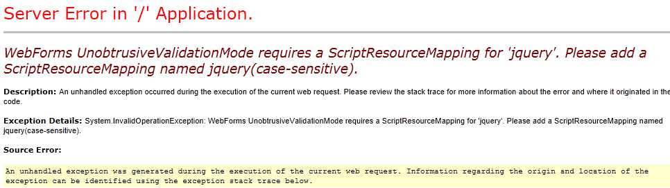 Error : WebForms UnobtrusiveValidationMode requires a ScriptResourceMapping for ‘jquery’. Please add a ScriptResourceMapping named jquery(case-sensitive).