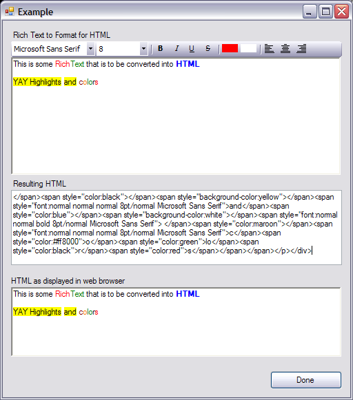 A window showing a Rich Editor and the resutling HTML code