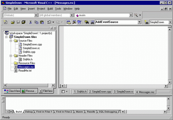 The initial workspace after adding a resource script and a message compiler file